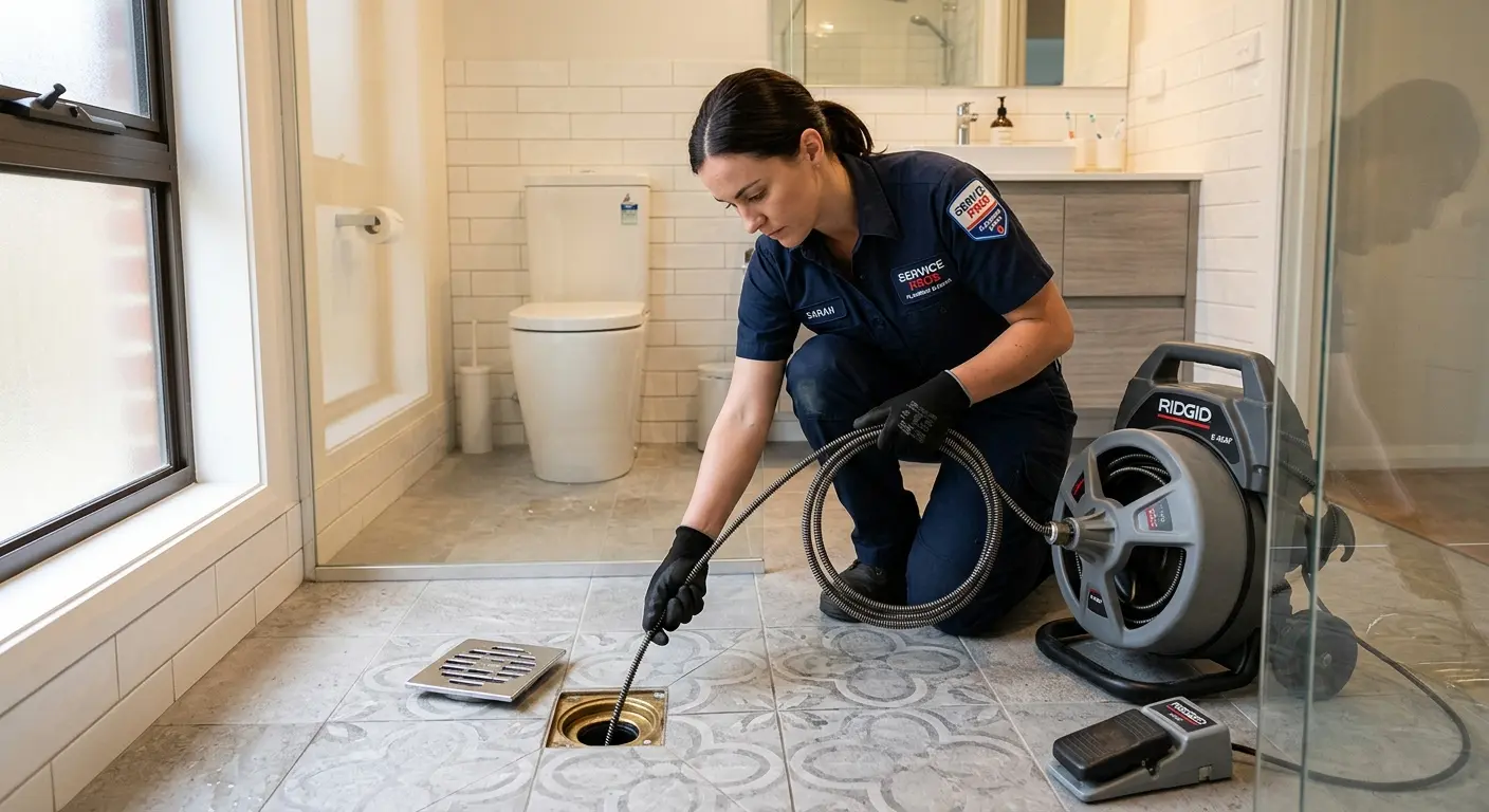 Technician clearing a bathroom floor drain for Sewer Line Installation in Montclair